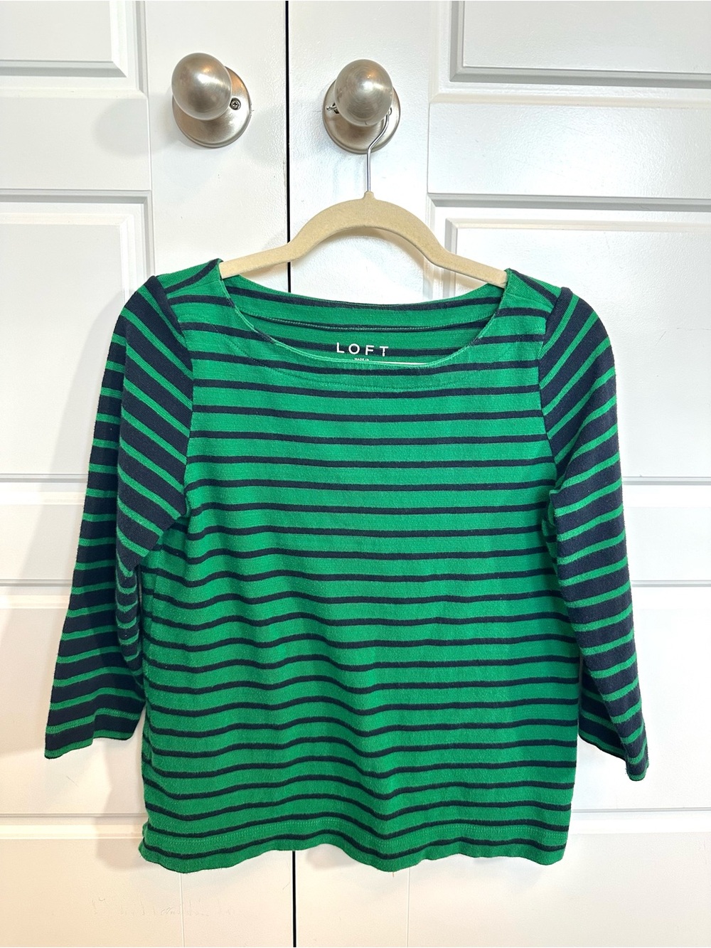 LOFT Green & Navy Striped 3/4 Sleeve Knit